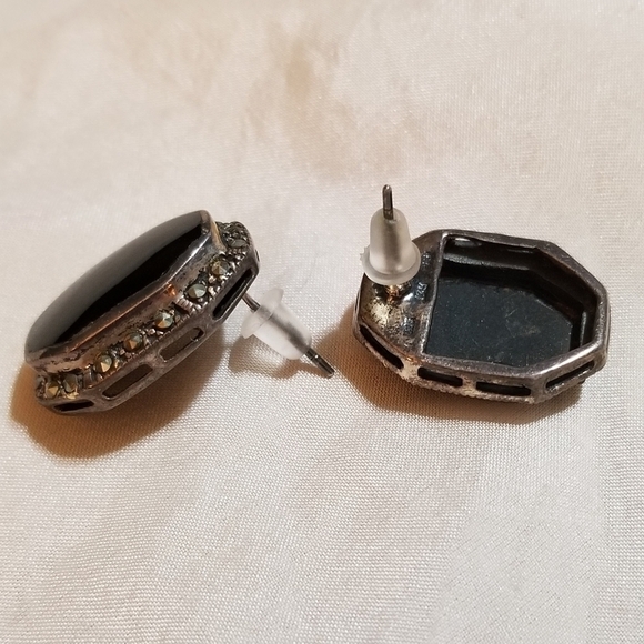 VINTAGE Onyx Marcasite Sterling IBB Earrings - Picture 5 of 6